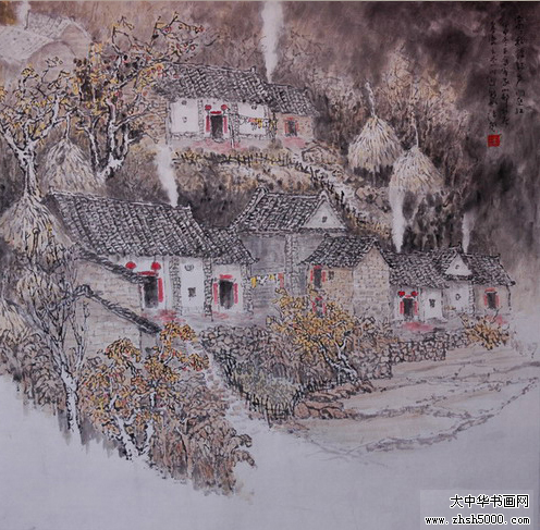 诸彪国画《家家炊烟起户户门庭红》